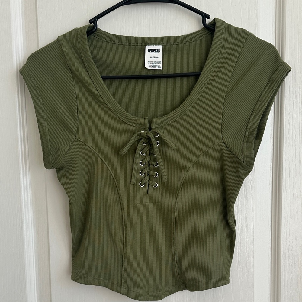 PINK Victoria's Secret Green Lace-Up Crop Top